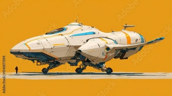 Fototapeta Futuristic spaceship on landing gear with a small figure on a yellow background art illustration