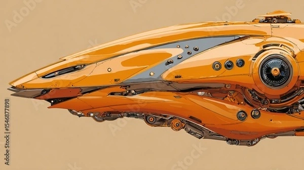 Fototapeta Close up of an orange futuristic space ship with intricate mechanical details and a sleek design