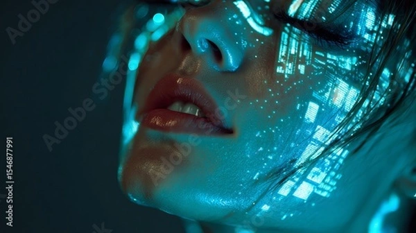 Fototapeta Close up of a woman's face with blue light projections creating a futuristic digital effect on skin