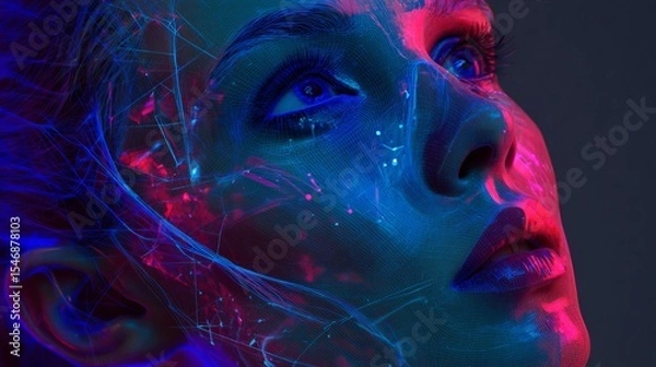 Fototapeta Close up view of a woman's face with blue and pink lighting and abstract neon lines around her face