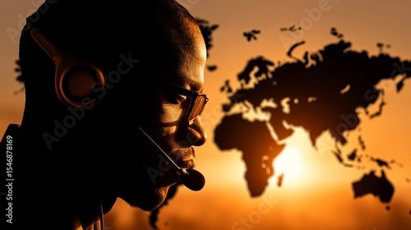 Fototapeta Man with headset and glasses in silhouette against a world map and orange gradient background