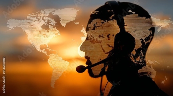 Fototapeta Silhouette of person with headset overlaid with world map against a sunset background image effect