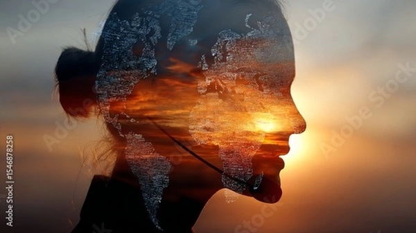 Fototapeta Silhouette of a woman with a world map overlay against a vibrant sunset background with headset