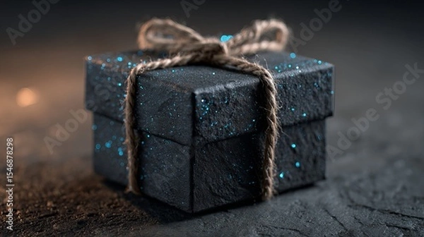 Fototapeta Close up of a dark textured gift box tied with twine and adorned with blue glitter on a dark surface
