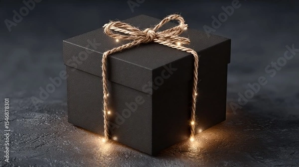 Fototapeta Close up of a dark gift box tied with jute string and small lights on a textured surface