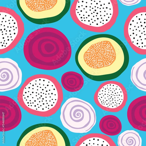 Fototapeta vegetables and fruit slices hand drawn seamless pattern. pitaya, papaya, onion rings, beetroot slices seamless pattern. It is good for tiles, packaging, textile, fabric and more.