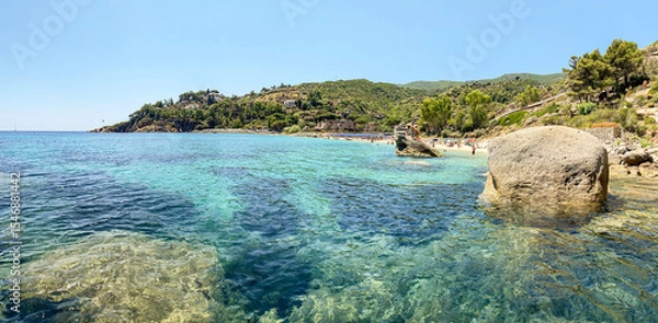 Obraz View to Cannelle beach, Spiaggia delle Cannelle, near Giglio Porto with view to mediterranean sea and beautiful blue bay at Isola del Giglio, island of the tuscan archipelago, Grosseto Tuscany Italy