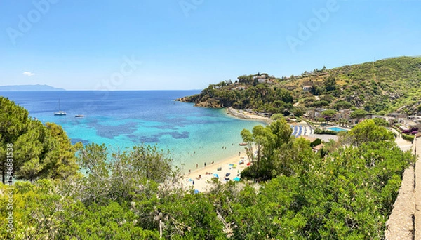 Obraz View to Cannelle beach, Spiaggia delle Cannelle, near Giglio Porto with view to mediterranean sea and beautiful blue bay at Isola del Giglio, island of the tuscan archipelago, Grosseto Tuscany Italy