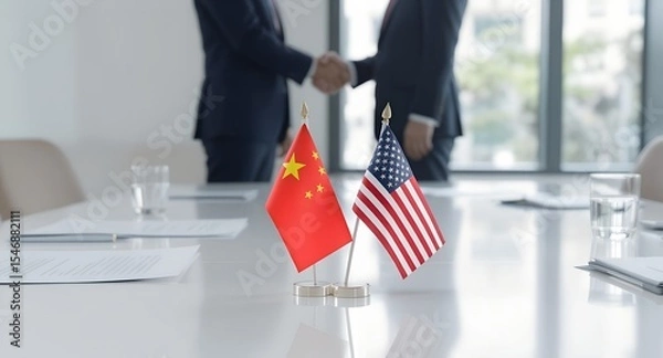 Fototapeta Mini flags of China and USA on table with two businessmen shaking hands in background. Concept of international relations, diplomacy, trade, and cooperation. Business meeting setting.