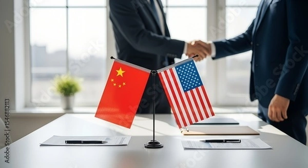 Fototapeta Mini flags of China and USA on table with two businessmen shaking hands in background. Concept of international relations, diplomacy, trade, and cooperation. Business meeting setting.