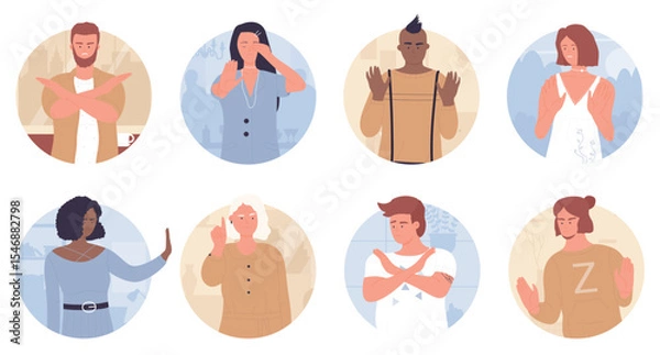 Obraz People with stop gesture in round avatar set vector illustration. Cartoon adult man and woman showing different denial poses with negative emotions, cross arms. Boycott, objection, reject concept