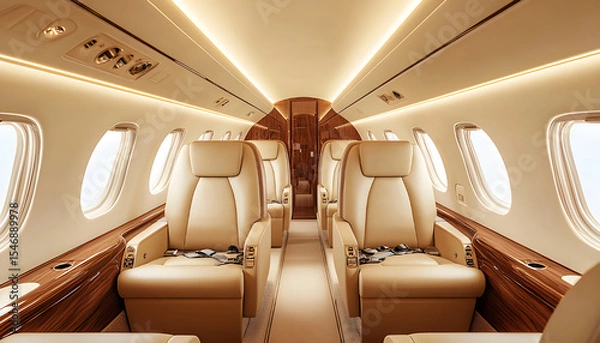 Fototapeta Luxurious private jet cabin interior. Comfortable leather seats, modern design. Travel in style, first class experience