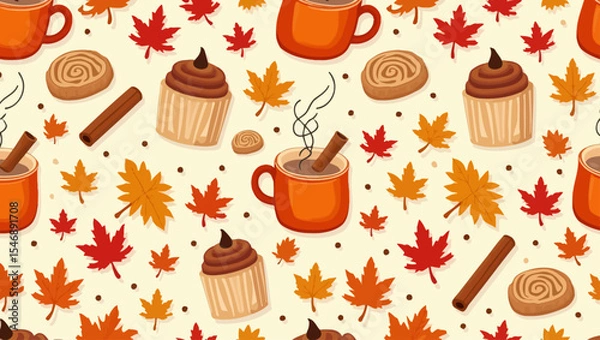 Fototapeta  Seamless fall pattern featuring cups, cinnamon, cupcakes, cookies, and colorful autumn leaves in a cozy seasonal design.