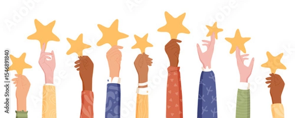 Obraz Customer hands holding five stars in creative cartoon graphic style. Positive feedback and review show satisfaction and quality. Clients rate service survey, modern layout for business concept.