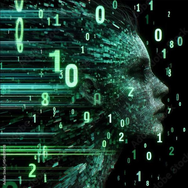 Fototapeta Illustration of a female face emerging from green numbers. The matrix effect. Vector graphics. EPS.