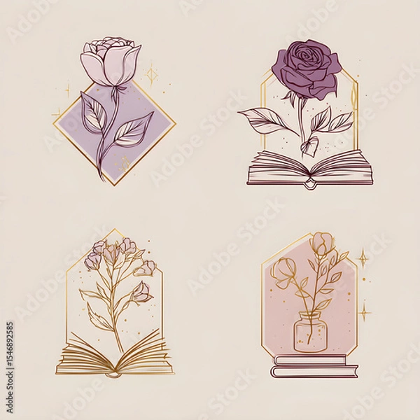 Obraz A simple line drawing of a romantic author emblem, with a color palette that includes purple, lavender, rose, pink, or gold.