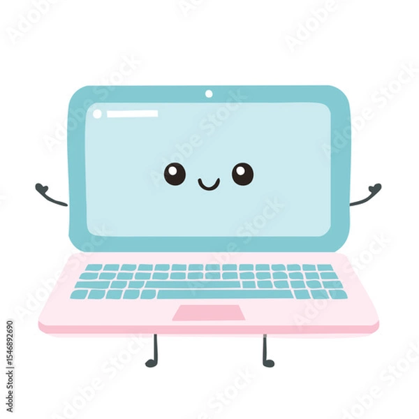 Fototapeta A charming cartoon laptop, exuding joy with its friendly face and outstretched arms. It embodies the essence of modern technology with a touch of whimsy