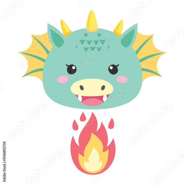 Fototapeta A charming cartoon dragon expelling fire, a symbol of magic and fantasy. The dragon has a friendly appearance with a sweet smile, exuding a sense of playful innocence.
