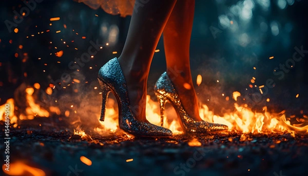 Obraz Woman with sparkling high heels walking on fire in a dark and cinematic scene, creating a dramatic and magical atmosphere with embers and flames