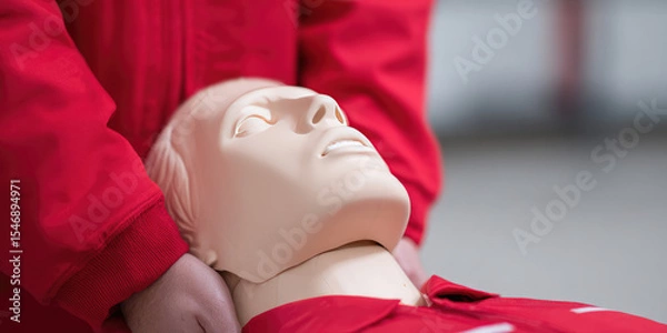 Fototapeta A CPR mannequin is on the ground with a person in a red jacket practicing resuscitation techniques. Training, emergency response, medical education