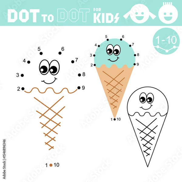 Fototapeta Ice cream. Dot to dot games for kids. Connect the numbers and drawing ice cream. Coloring book. Puzzle activity worksheet. Sketch vector illustration.