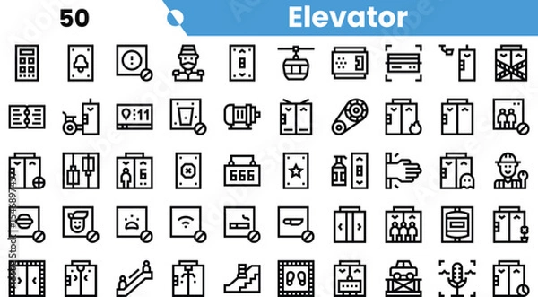 Fototapeta A diverse collection of elevator icons featuring various designs and functions, showcasing modern and traditional styles.