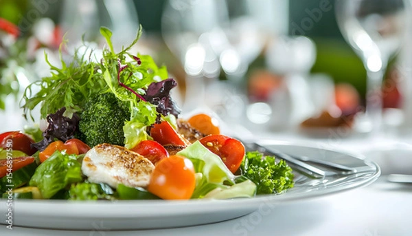 Obraz In a luxurious restaurant, a plate of healthy food is elegantly presented on a white tablecloth, surrounded by a variety of vibrant green vegetables, juicy red tomatoes, and tender pieces of cooked
