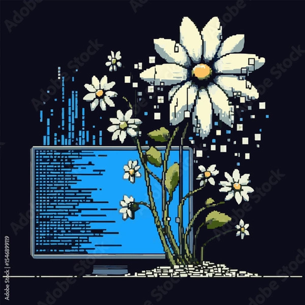 Fototapeta Flowers on a monitor background computer 8-bit pixel graphics. Pixel art. Black isolated background. Vector graphics. EPS.