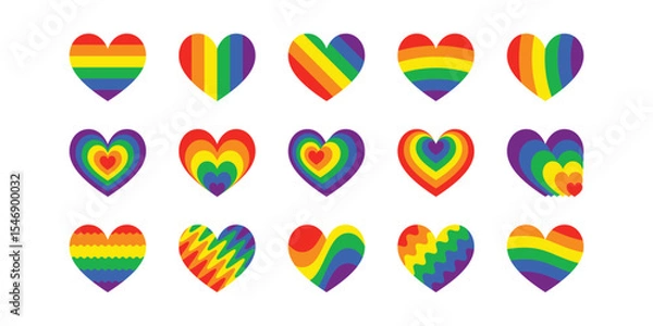 Fototapeta Colorful Pride Month collection featuring rainbow hearts, symbols of equality, and LGBTQ+ identity. A clean, flat illustration set perfect for June and beyond