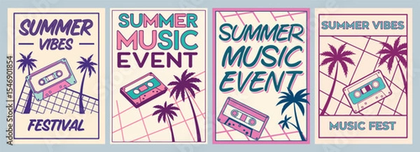 Fototapeta Vibrant Summer Music Event Posters Showcasing Retro Cassette Tapes and Palm Trees Inspiring Nostalgia and Fun in Design