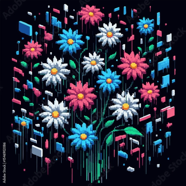 Fototapeta Pixel art flowers on a black isolated background. vector graphics. EPS.