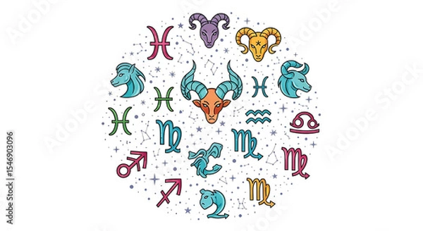Fototapeta Colorful zodiac signs arranged in a circle on a white background with star constellations pattern