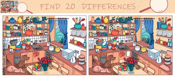Fototapeta Find the differences game. Kitchen interior with furniture and home objects. Cozy family eating room. Sketch vector illustration.