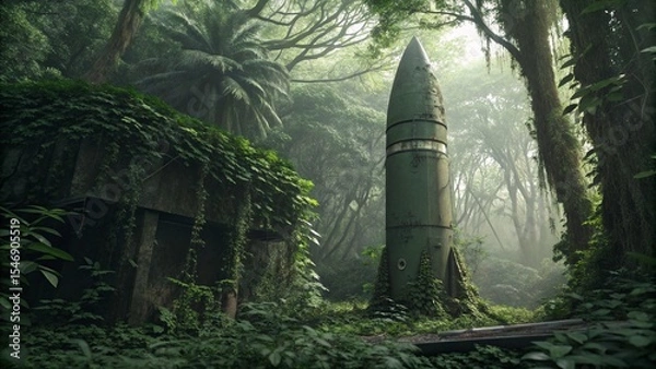 Fototapeta Ancient rocket covered in greenery, standing tall in a dense jungle. This scene illustrates the fusion of technology and nature in a mystical setting.