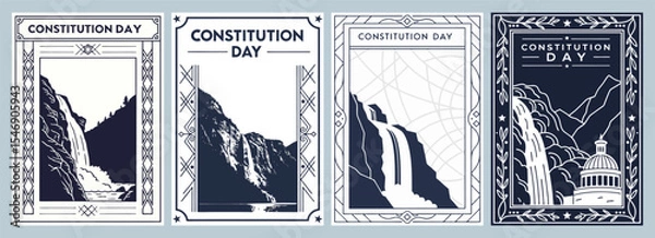 Fototapeta Elegant Constitution Day Posters Showcasing Modern Aesthetic with Waterfalls and Government Building in Monochromatic Color Scheme