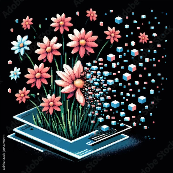 Fototapeta Flowers that reproduce themselves from primitive cubic shapes in virtual space. Pixel art. Computer 8-bit graphics. Black isolated background. Vector illustration. EPS.