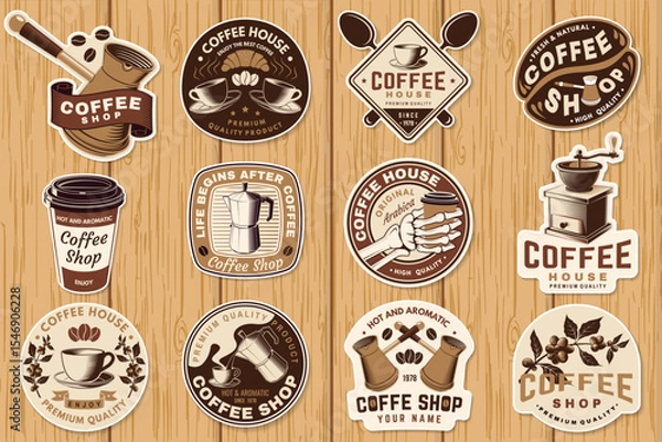 Fototapeta Coffee shop. Hot and aromatic. Vector. Concept for cafe and restaurant logo, brand, label with paper coffee cup, branch of coffee tree, grinder silhouette
