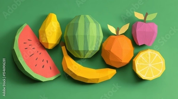 Obraz Colorful 3d paper cut out fruits on green background
