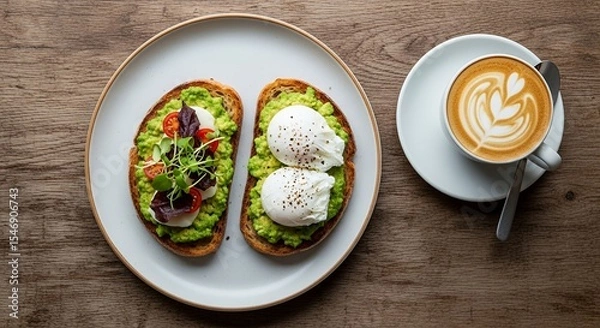 Obraz Avocado Toast with Poached Eggs and Coffee on Wooden Table