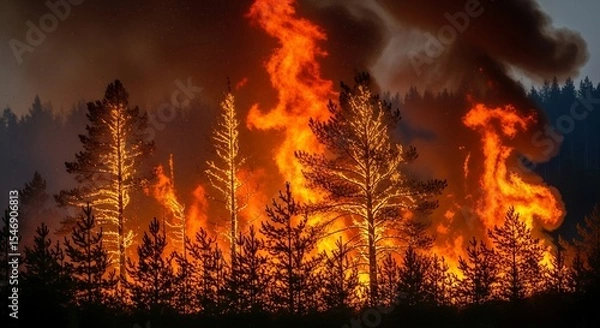 Obraz Forest Fire Blazing Through Trees at Night