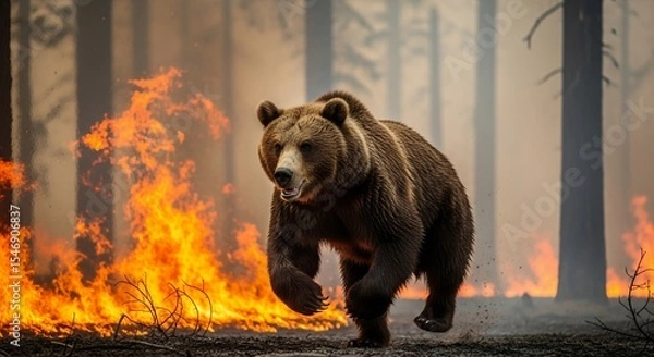 Obraz Brown Bear Escaping Wildfire in Forest
