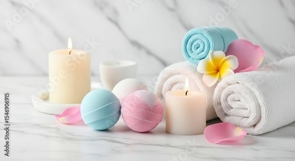 Obraz Spa Still Life with Bath Bombs, Candles, and Towels on Marble