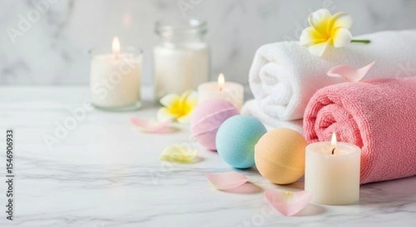 Obraz Relaxing Spa Setup with Bath Bombs, Towels, and Candles on Marble