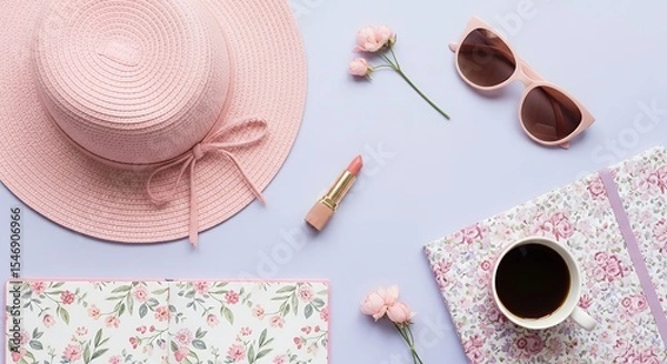 Obraz Summer Essentials Flat Lay with Pink Hat, Sunglasses, and Floral Notebooks