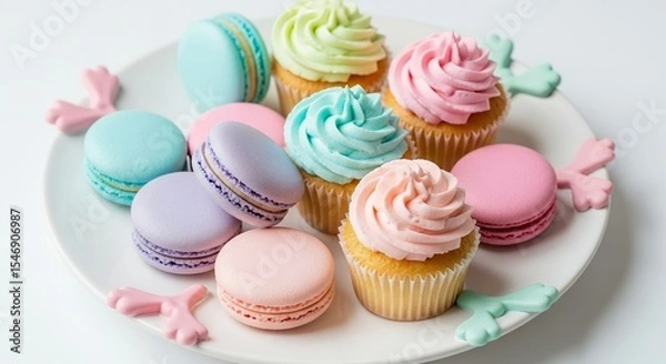 Obraz Pastel Cupcakes and Macarons on a White Plate
