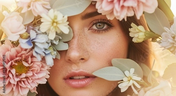 Obraz Natural Beauty Portrait Framed by Vibrant Flowers in Golden Light