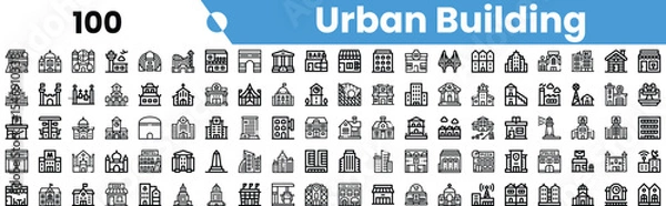 Fototapeta A collection of urban building icons, showcasing various architectural styles and structures in a minimalist black-and-white design.