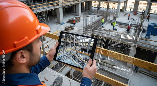 Fototapeta Construction worker using tablet with augmented reality interface on building site for inspection