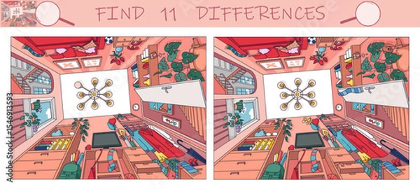Fototapeta Find the differences game. Room from bottom to top. Interior with furniture and home objects. Cozy family room. Sketch vector illustration.