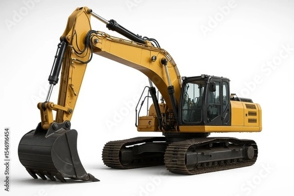 Fototapeta Heavy construction excavator with bright yellow paint job isolated on clean white studio background